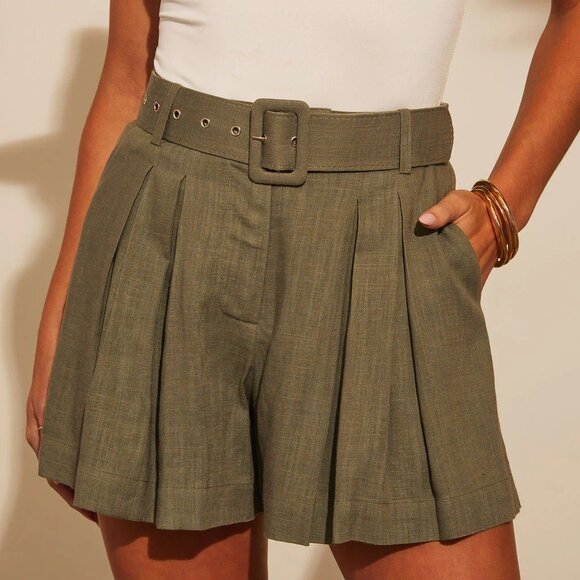 VICI High Rise Belted Linen Blend Shorts - Picture 1 of 9